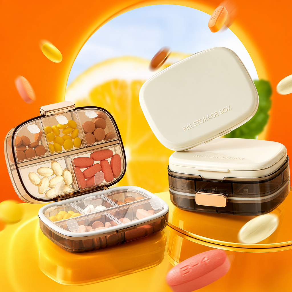 The white portable medicine box is transparent and divided into compartments, containing colored tablets. When the lid is opened by hand, it opens independently and is sealed to prevent moisture Specification image