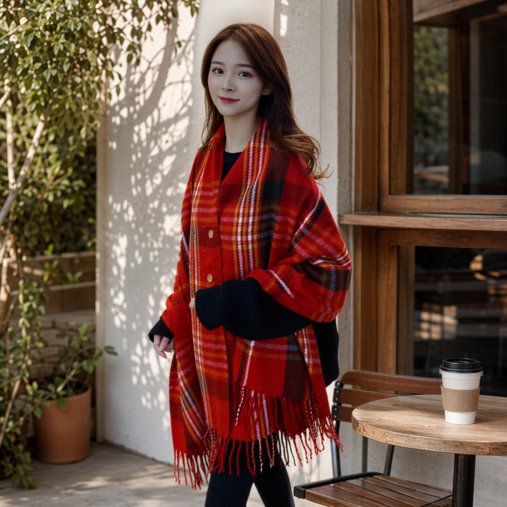 Red checkered scarf shawl for warmth in autumn and winter, made of pure cotton in large size, fashionable and versatile details Picture