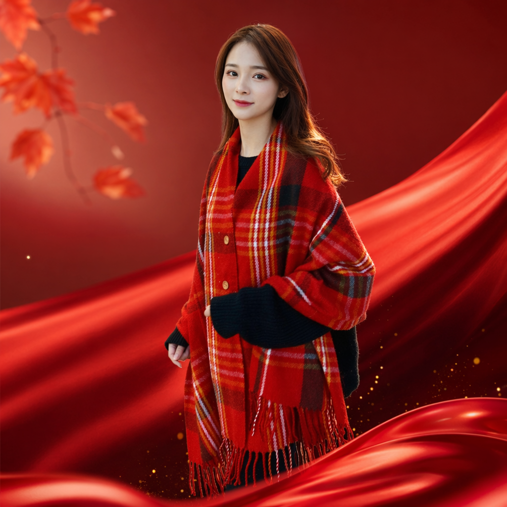 Red checkered scarf shawl for warmth in autumn and winter, made of pure cotton in large size, fashionable and versatile Specification image