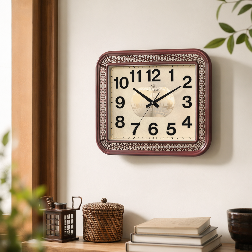 The reddish-brown oak-framed wall clock has a beige Earth pattern dial and black digital hour markers details Picture