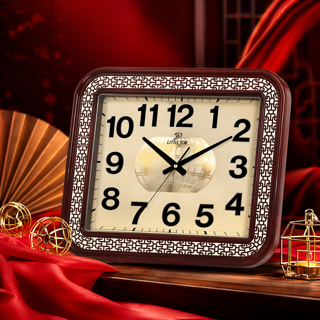 The reddish-brown oak-framed wall clock has a beige Earth pattern dial and black digital hour markers Specification image
