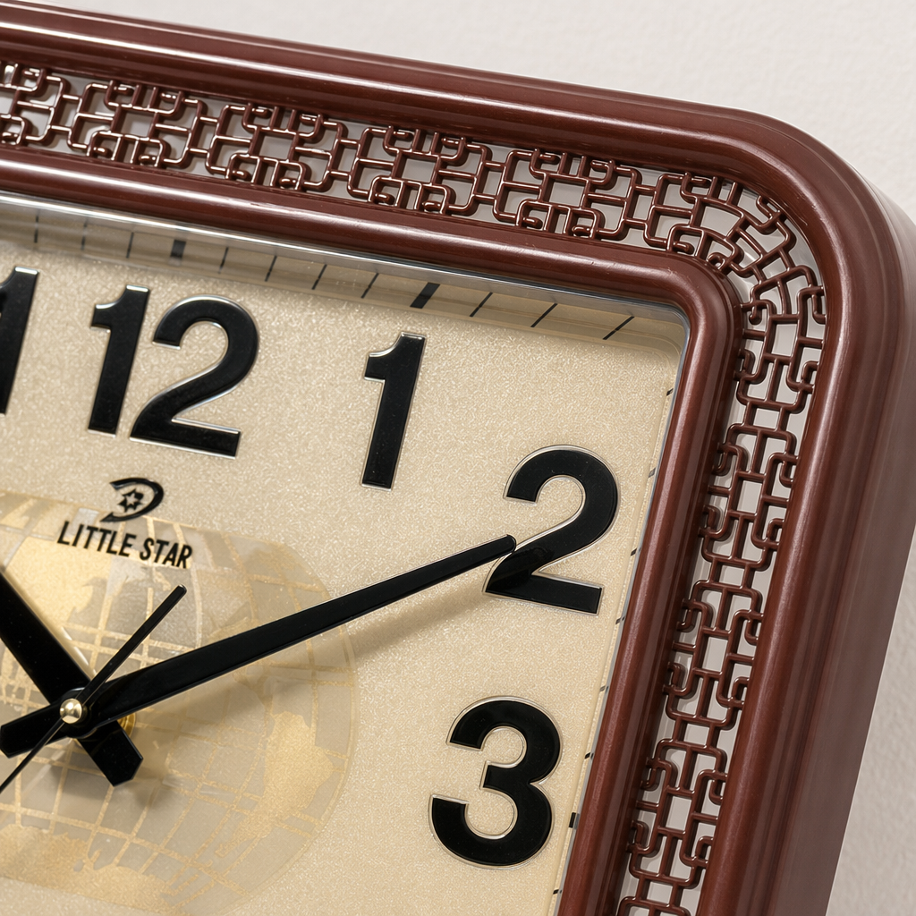 The reddish-brown oak-framed wall clock has a beige Earth pattern dial and black digital hour markers Application Scenario