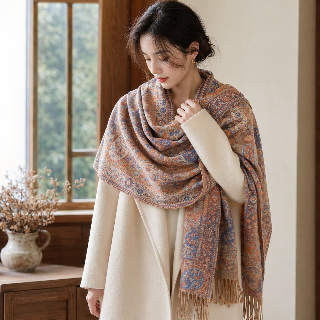 This printed scarf for women in autumn and winter is made of pure cotton, thickened, warm, versatile, fashionable and long details Picture
