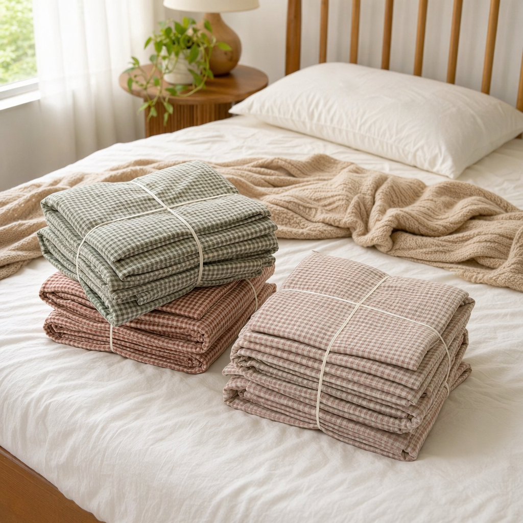 Checkered style pure cotton bedding set, four-piece set, duvet cover, pillowcase and bed sheet details Picture