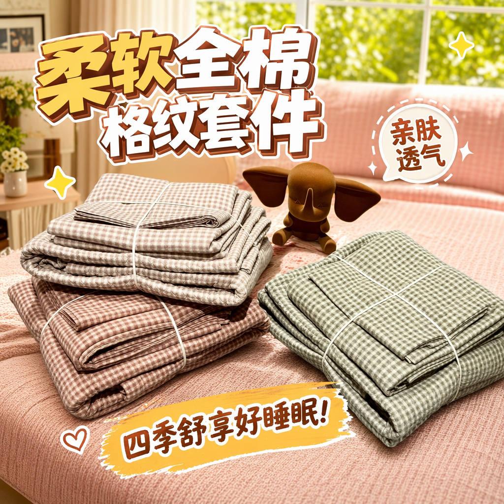 Checkered style pure cotton bedding set, four-piece set, duvet cover, pillowcase and bed sheet Specification image