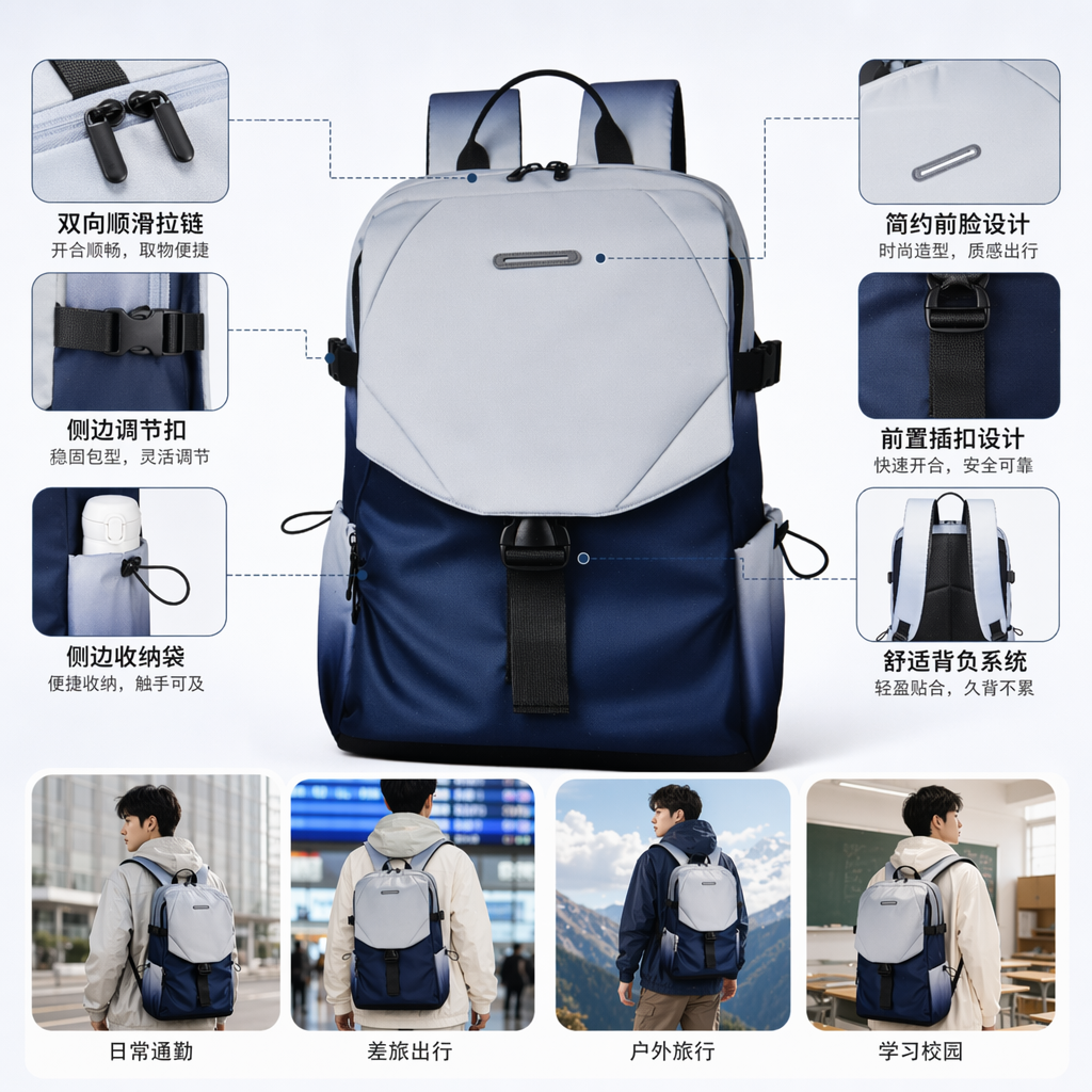 蓝白渐变时尚休闲双肩背包轻便大容量学生通勤款