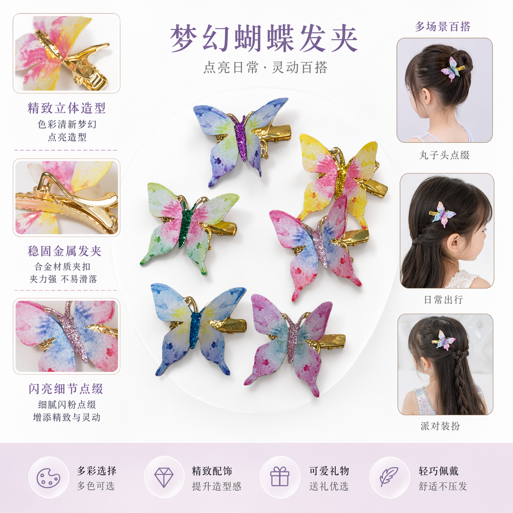 Colorful butterfly hair clips, cute headwear for girls, sweet forest-style grab clips, fashionable and versatile accessories