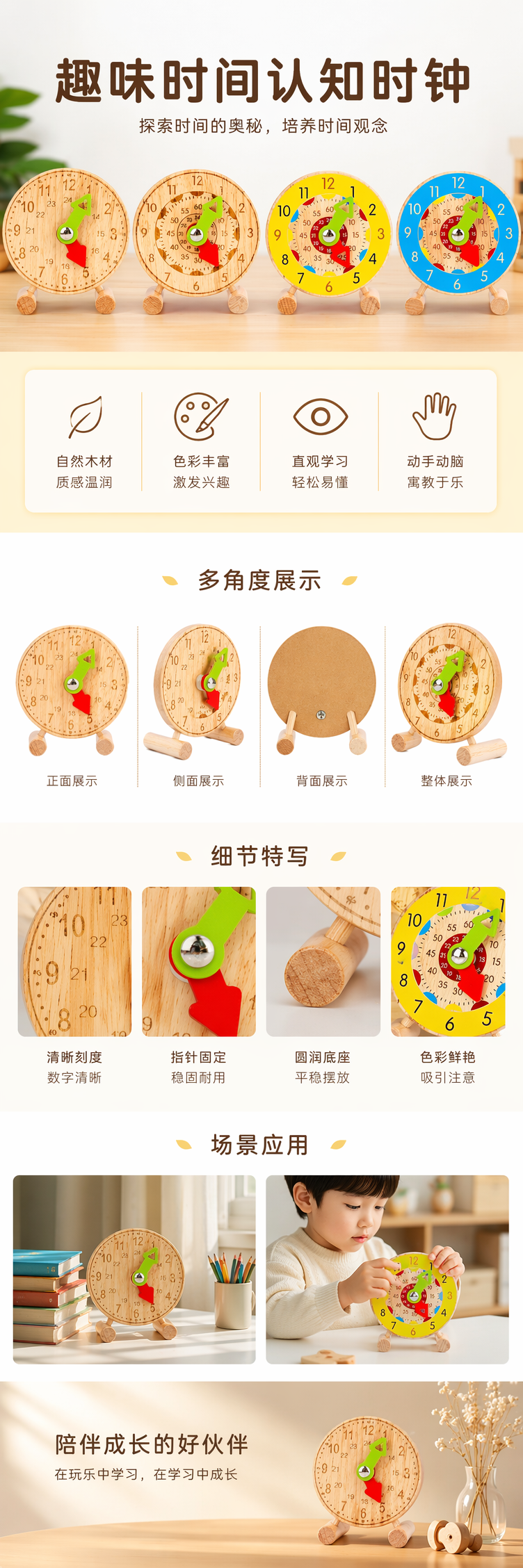 木质儿童钟表教具 认识时间益智玩具幼儿园小学教学用详情1
