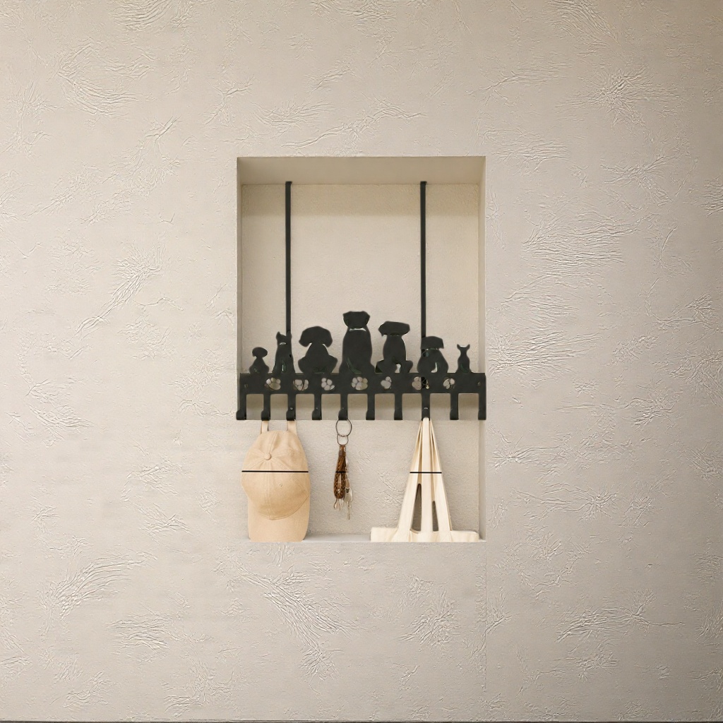 Black dog-shaped hook rack wall-mounted without drilling for bathroom and kitchen storage details Picture