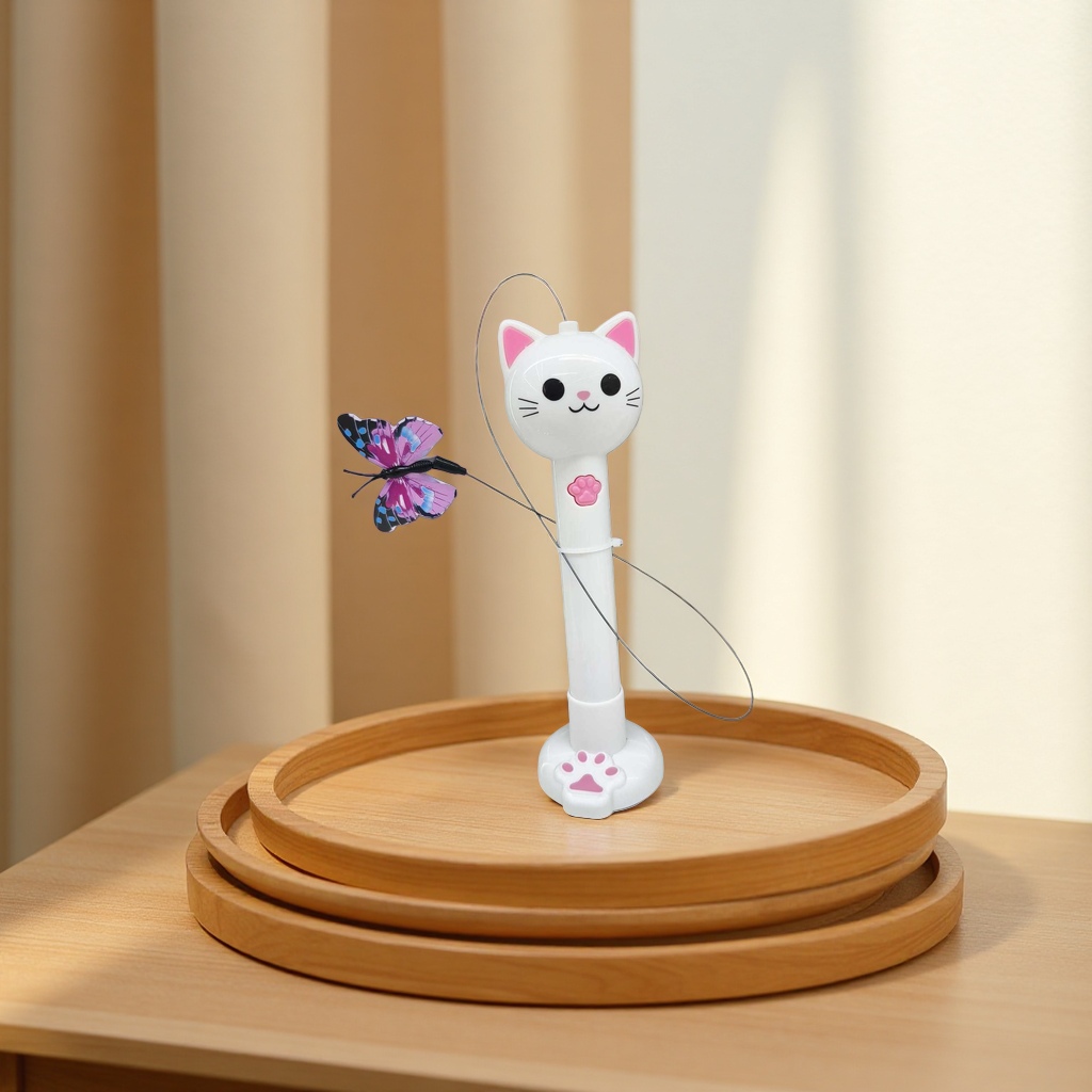 Electric cat teaser, white cat head, pink ears, paw prints, black thread, purple and blue butterfly cat toy, a perfect cat teaser Application Scenario