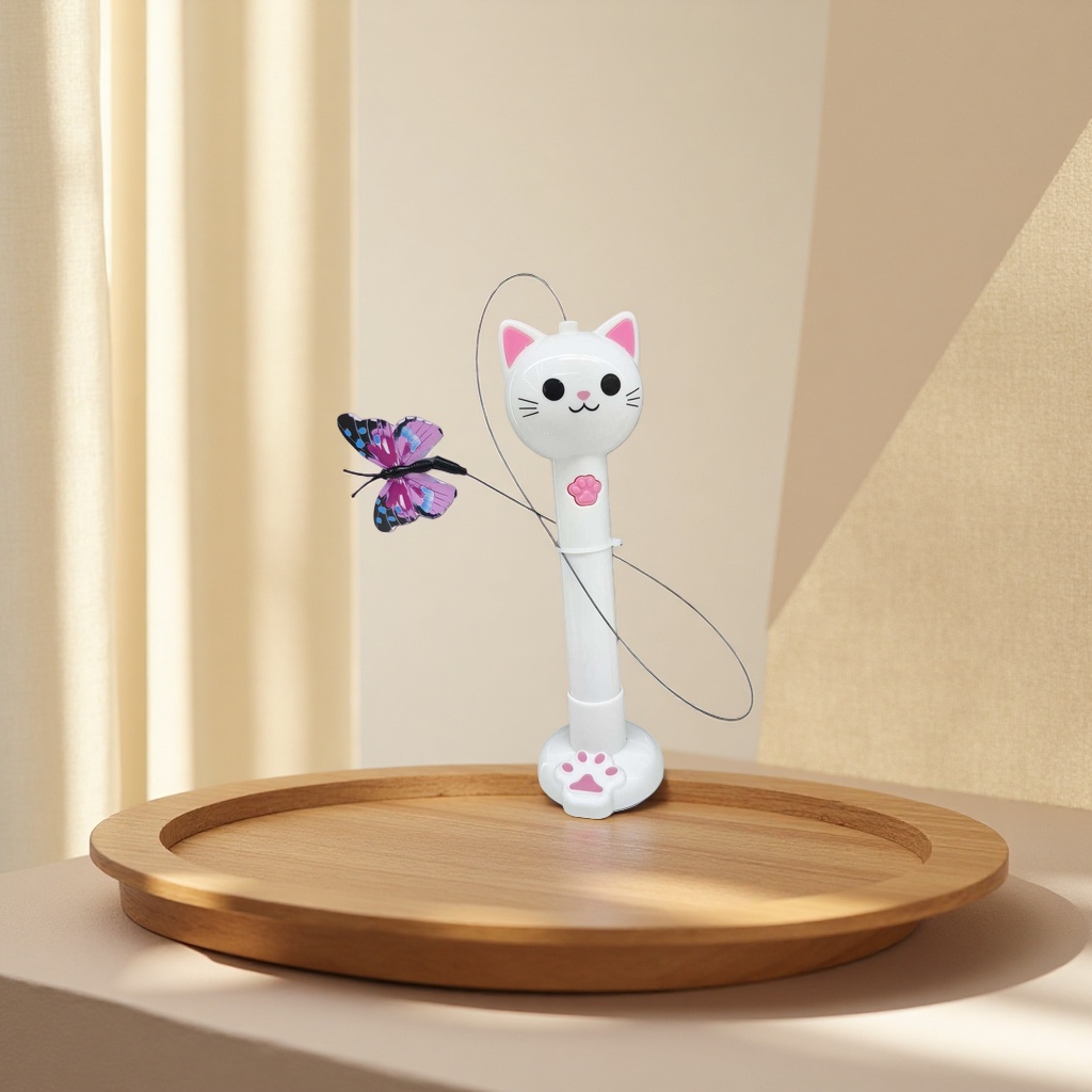 Electric cat teaser, white cat head, pink ears, paw prints, black thread, purple and blue butterfly cat toy, a perfect cat teaser details Picture