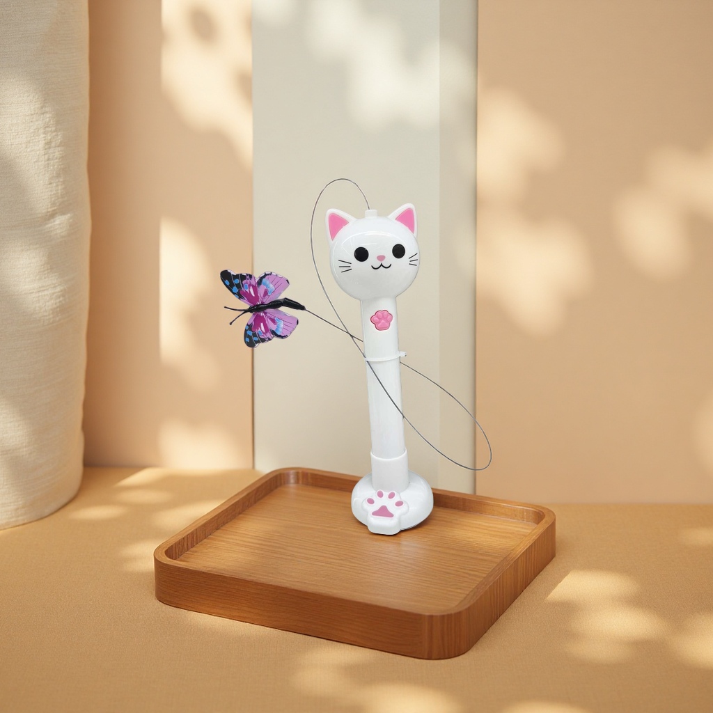 Electric cat teaser, white cat head, pink ears, paw prints, black thread, purple and blue butterfly cat toy, a perfect cat teaser Specification image
