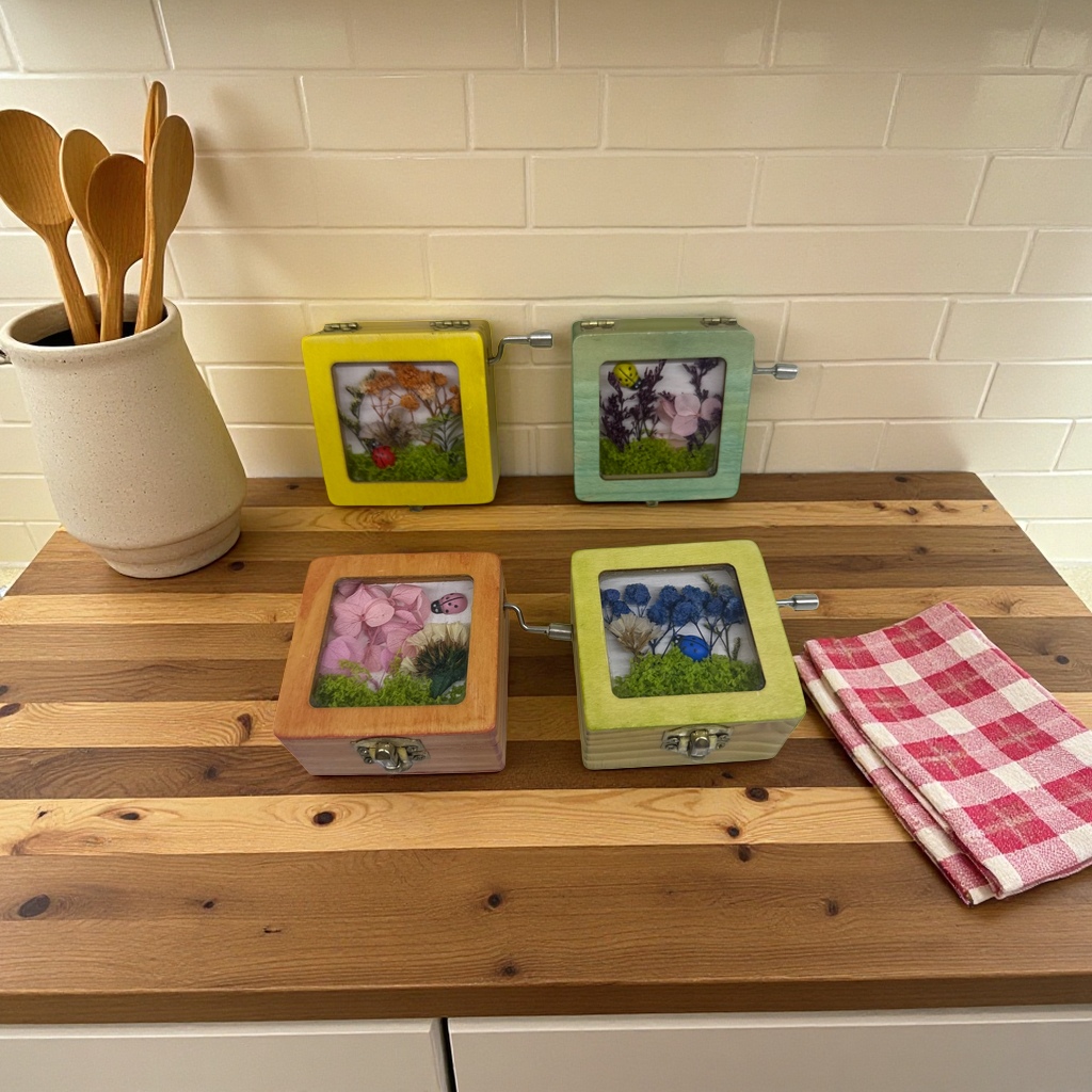 Wooden, colorful green plants, dried flowers, music box, micro-landscape music box, retro ornaments, living room and bedroom decoration, gifts and souvenirs details Picture