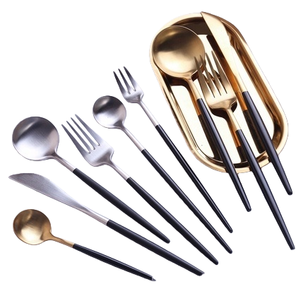 A simple and modern home stainless steel tableware set with gold and black stripes, featuring plates, bowls and chopsticks Item Picture