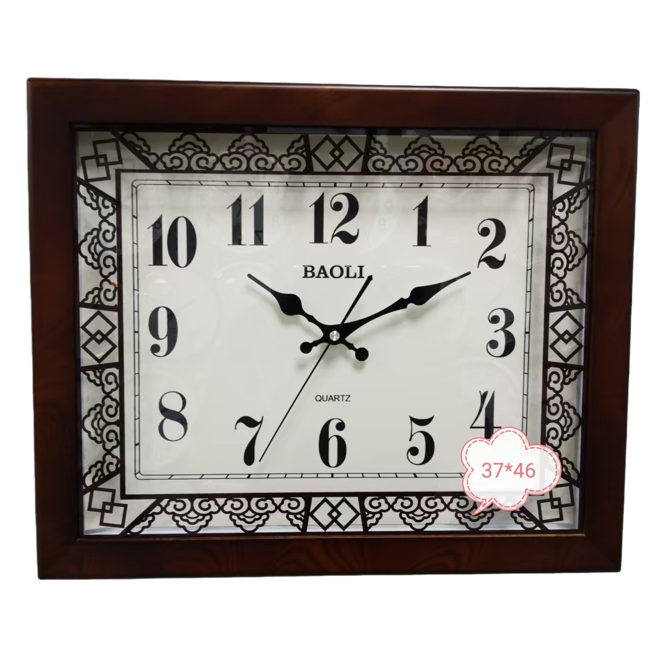 BAOLI dark brown wooden frame wall clock, white dial, black digital hour markers, QUARTZ black hands, cloud pattern skeletonized Item Picture