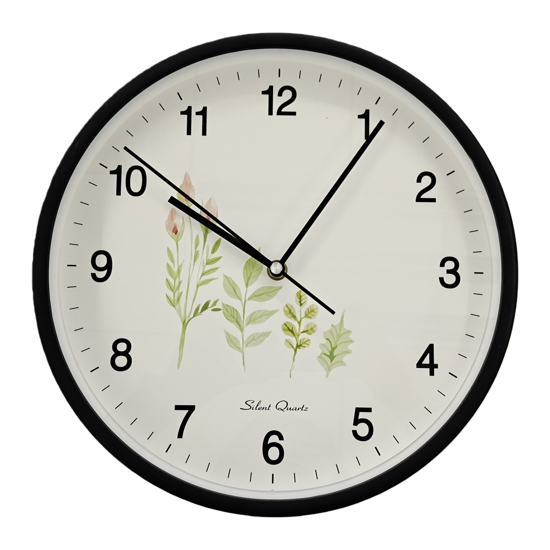 The black-framed wall clock has a white dial with digital scales and green plant watercolor pattern hands for 10:07 Item Picture