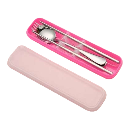 Pink portable tableware box, stainless steel spoon, fork and chopsticks set, lightweight for travel and home use Item Picture