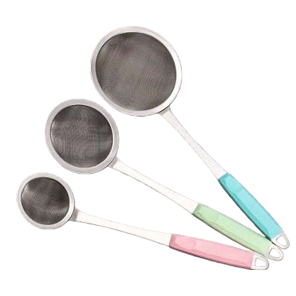 Colored handle metal colander, a kitchen draining wonder, stainless steel long handle filter Item Picture