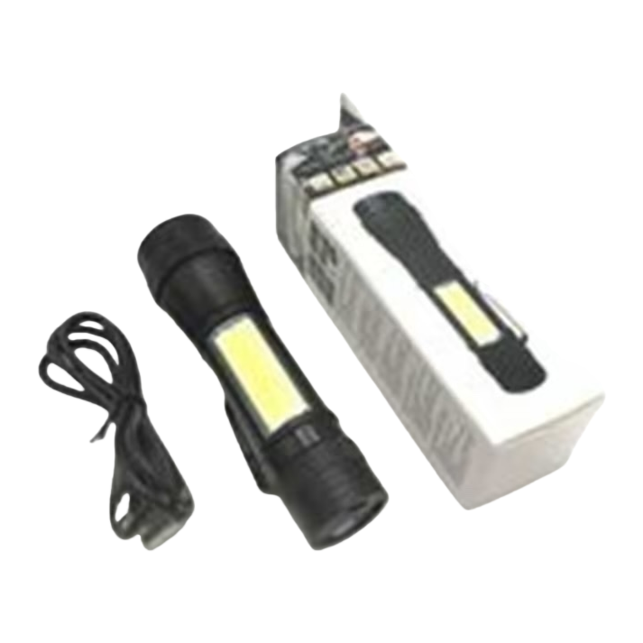 A black LED flashlight with a USB charging cable and a packaging box Item Picture