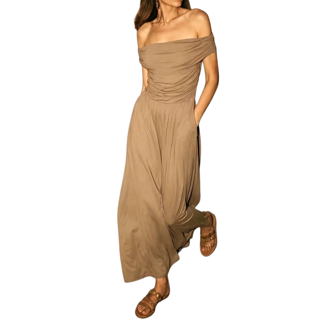Beige off-the-shoulder long dress for women's summer slimming and form-fitting dress Item Picture