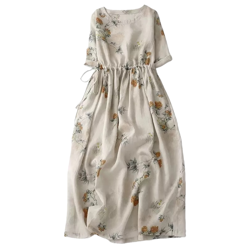 Beige floral printed long dress for women's spring and summer, A new slimming and flowing A-line dress Item Picture