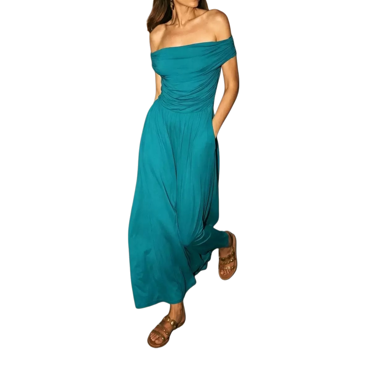 Blue off-the-shoulder long dress for women's summer, a new slimming and form-fitting dress Item Picture