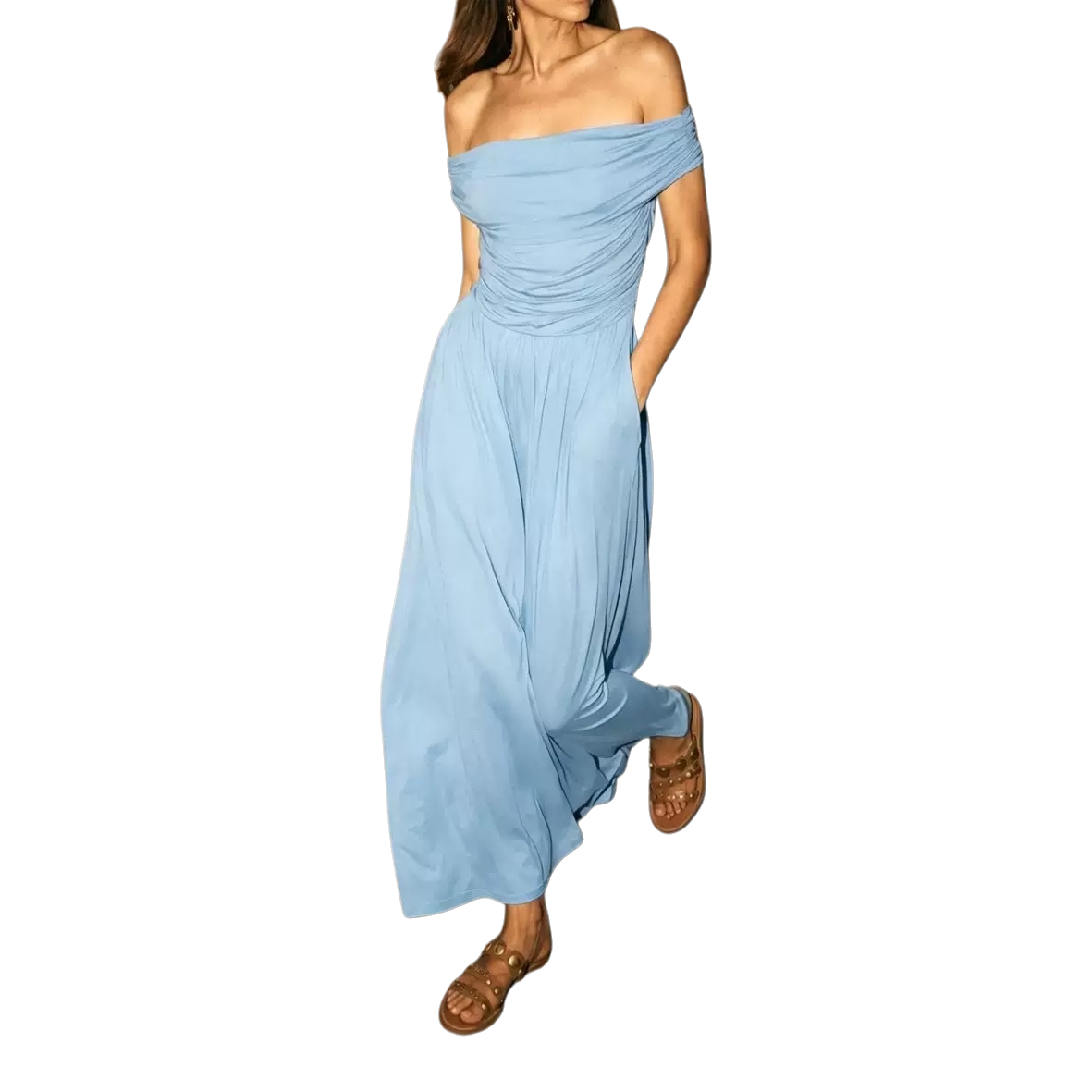 A light blue off-the-shoulder long dress paired with brown rivet sandals for women's summer dress Item Picture