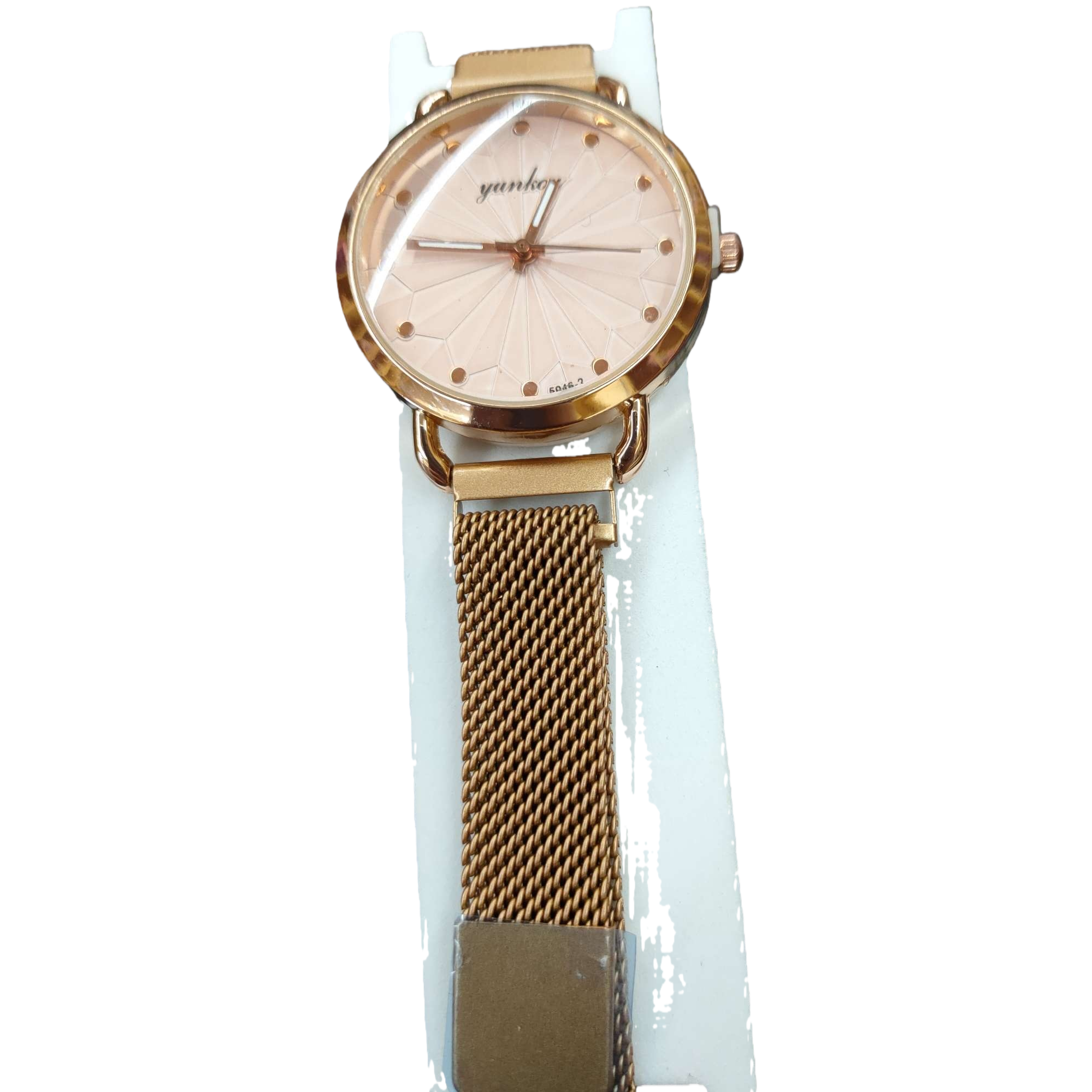 Gold case, light pink geometric pattern dial, metal mesh strap, ladies' watch, white stand Item Picture