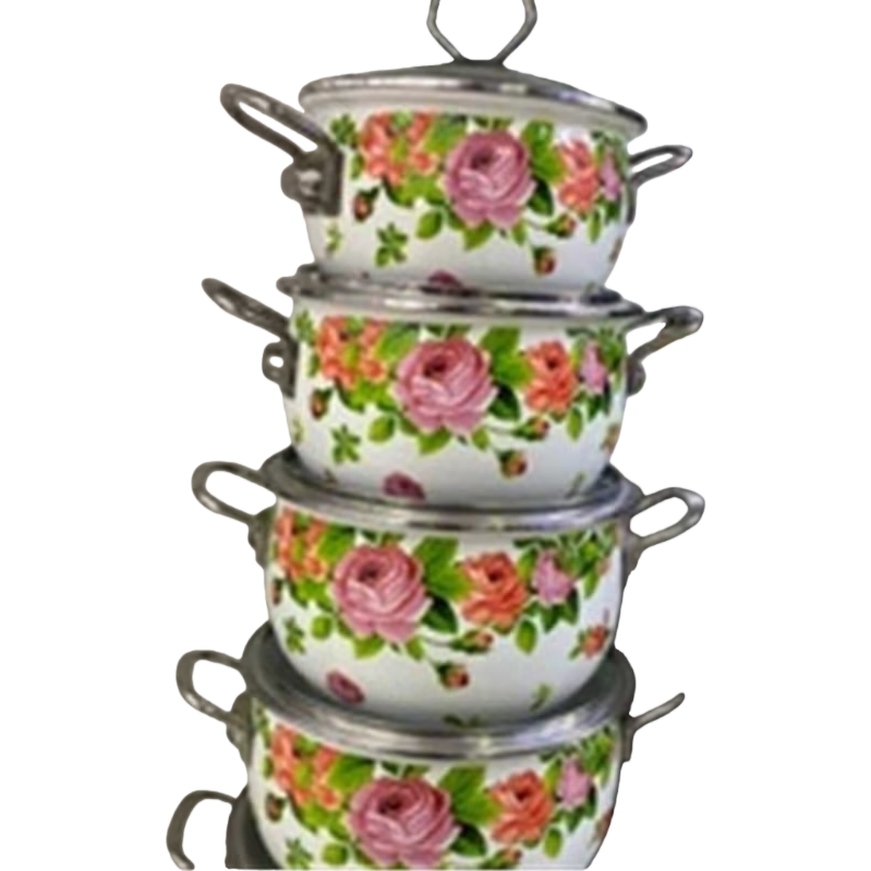 A four-piece pot set with white rose patterns Item Picture