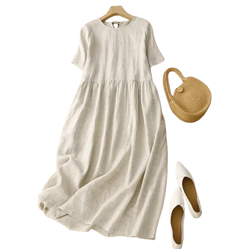 A light and breathable summer women's dress with a beige linen texture and a slim fit Item Picture