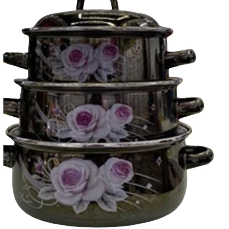 Black rose-patterned cookware set, 304 stainless steel wok, frying pan and soup pot three-piece set Item Picture