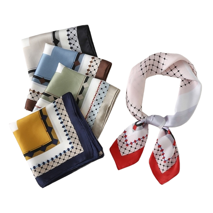 A fashionable, versatile, lightweight and breathable silk scarf with colorful geometric patterns for women Item Picture