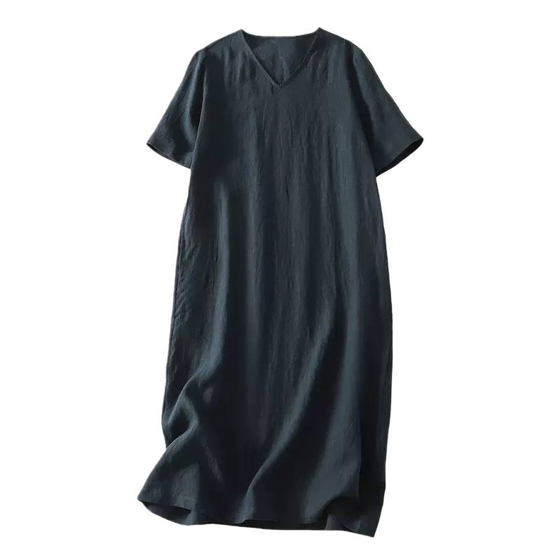Dark grey V-neck short-sleeved dress for women, summer slimming and form-fitting pure cotton A-line dress Item Picture
