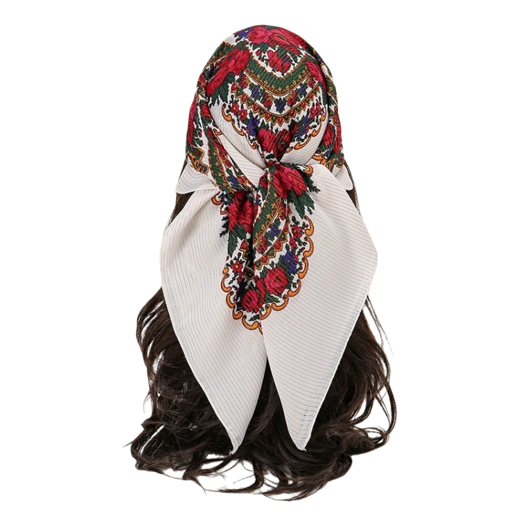 A colorful floral pattern scarf with white striped trims for dark curly hair Item Picture