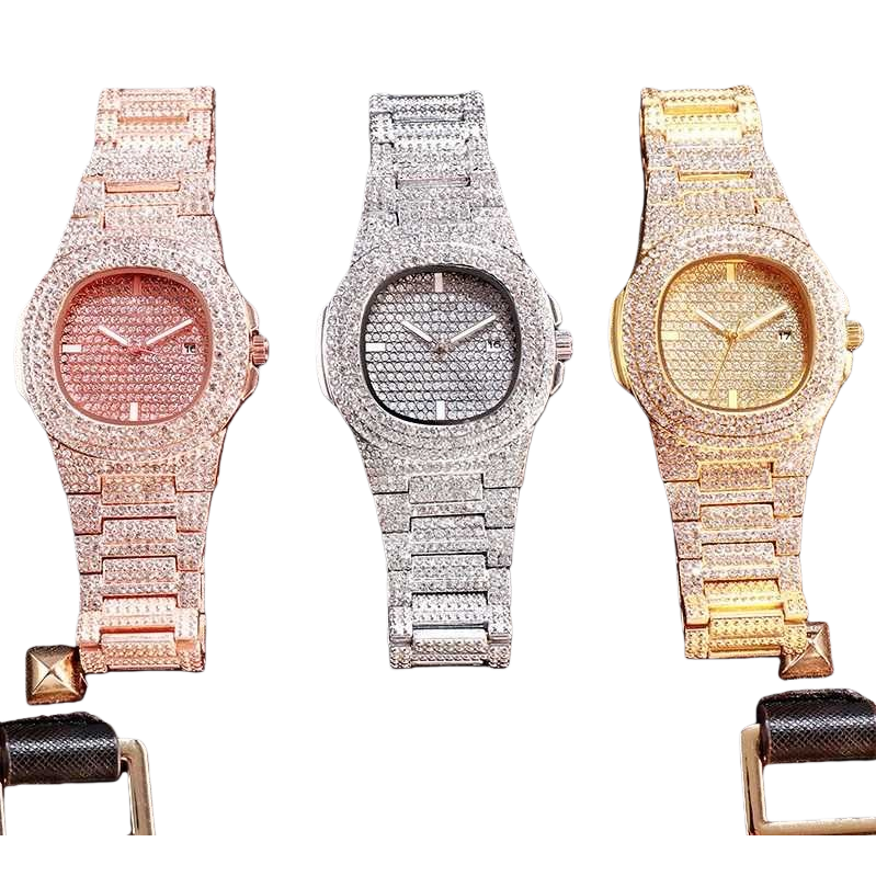 MICHEL KOES three diamond-encrusted watches in rose gold, silver and gold, with a black background and densely set diamonds Item Picture