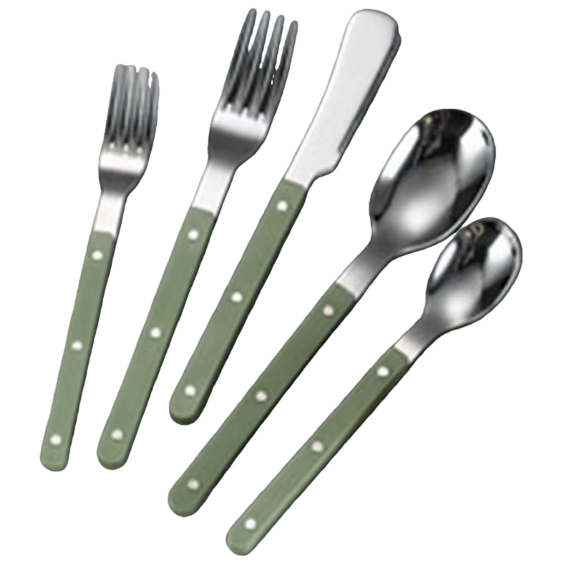 Green handle silver tableware set, home simple style stainless steel spoons and forks Item Picture