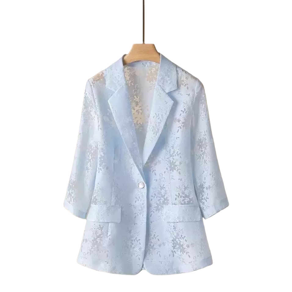 A light blue floral jacquard suit jacket for women, a slim-fit business casual jacket Item Picture