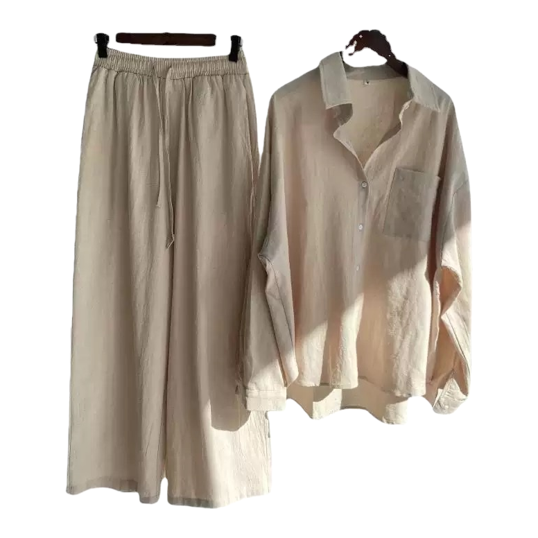 A beige pure cotton shirt paired with flowing beige wide-leg pants for women's summer wear Item Picture