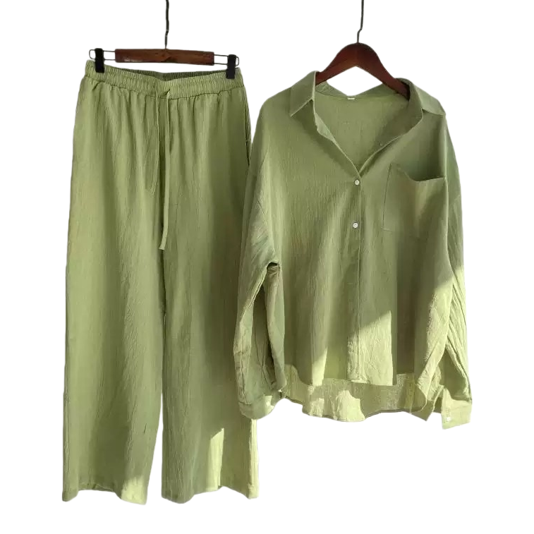 A light green shirt paired with wide-leg pants set for women's casual slimming two-piece outfit Item Picture