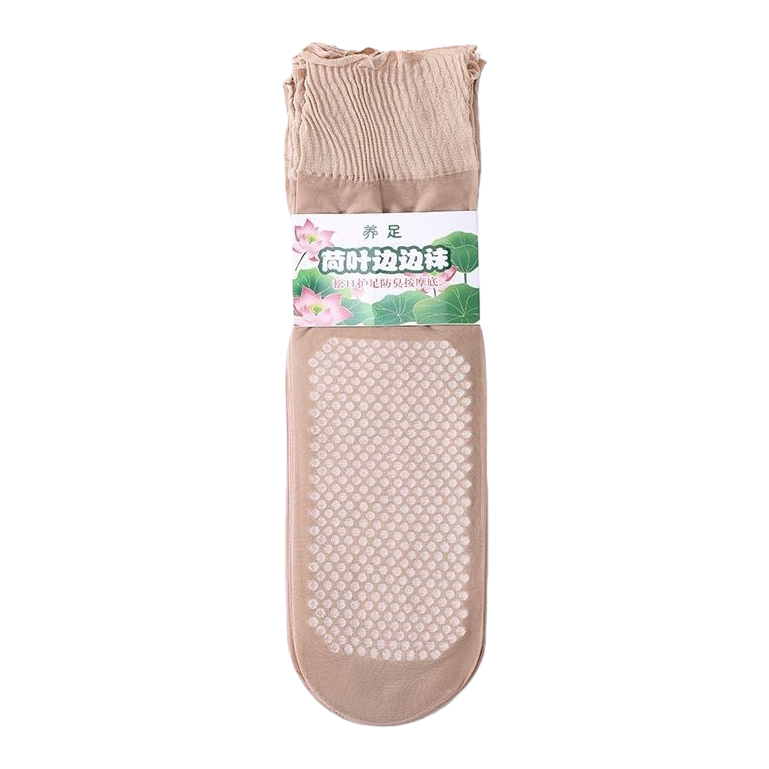 Beige massage socks with white raised dot texture on the sole, ribbed finish, lotus pattern, and full-foot lotus leaf edge socks Item Picture