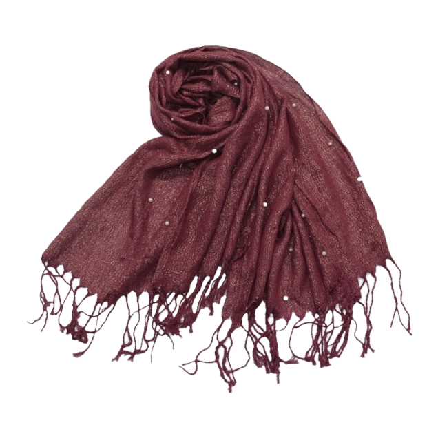 Wine red pearl tassel scarf, a long knitted shawl for women to keep warm in autumn and winter Item Picture