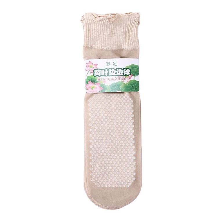 Beige anti-slip socks with white dots on the soles, raised lotus patterns, ribbed cuffs, and full lotus leaf fringes Item Picture