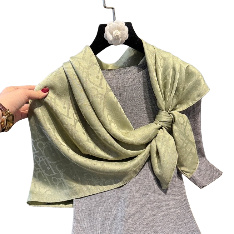 A light green printed silk scarf is skin-friendly and breathable, paired with a grey knitted sweater for spring and autumn outfits Item Picture