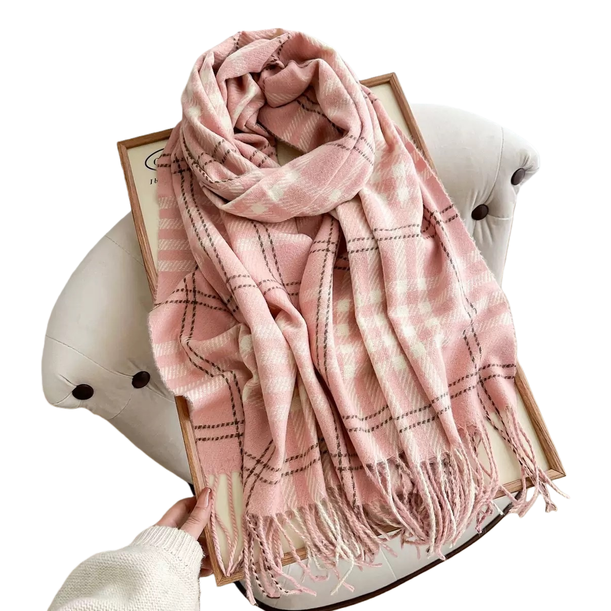 Pink checkered scarf made of pure cotton for warmth, suitable for both men and women in autumn and winter, fashionable and versatile Item Picture