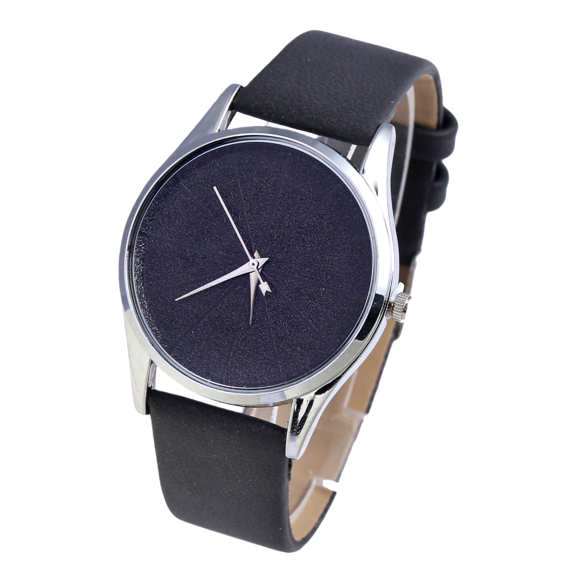 A simple and fashionable quartz watch for men and women with a black strap and silver bezel Item Picture