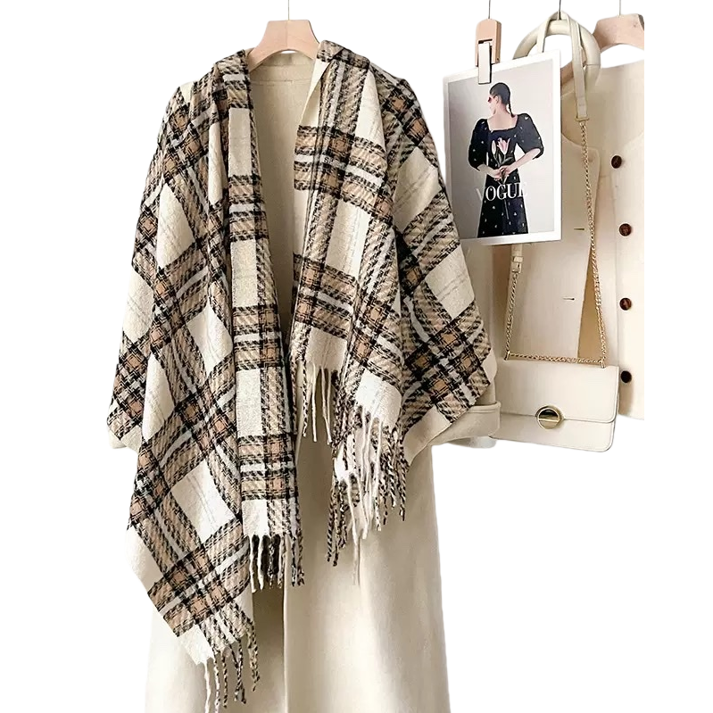 Checkered tassel shawl, a warm, fashionable and versatile women's scarf for autumn and winter Item Picture