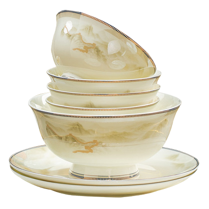 Beige ceramic bowl and plate set, a simple Nordic-style tableware combination for home use Item Picture