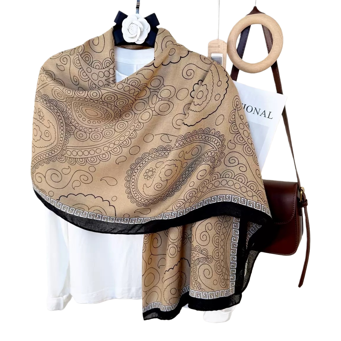 The beige Paisley patterned cashmere blended scarf is light, soft and suitable for all seasons Item Picture