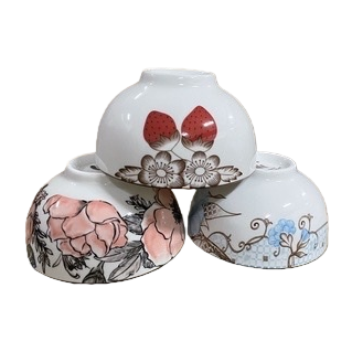 A set of three-piece white ceramic bowls with floral patterns, simple household tableware Item Picture