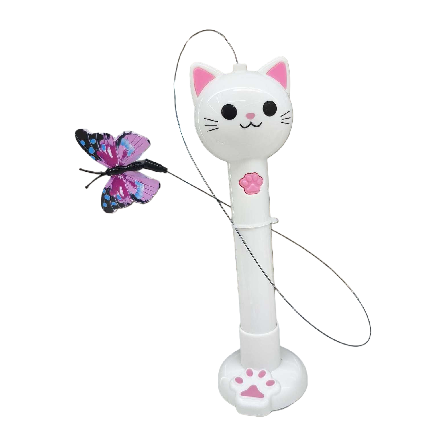 Electric cat teaser, white cat head, pink ears, paw prints, black thread, purple and blue butterfly cat toy, a perfect cat teaser Item Picture